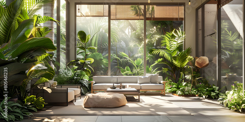 A living room with plants on the wall and a couch with a green couch and a green couch. 
