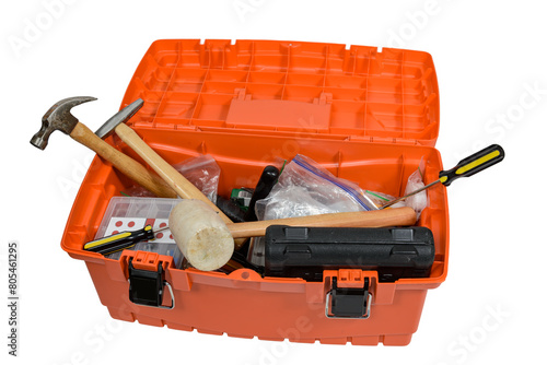 Cluttered Orange Home Toolbox Isolated On White