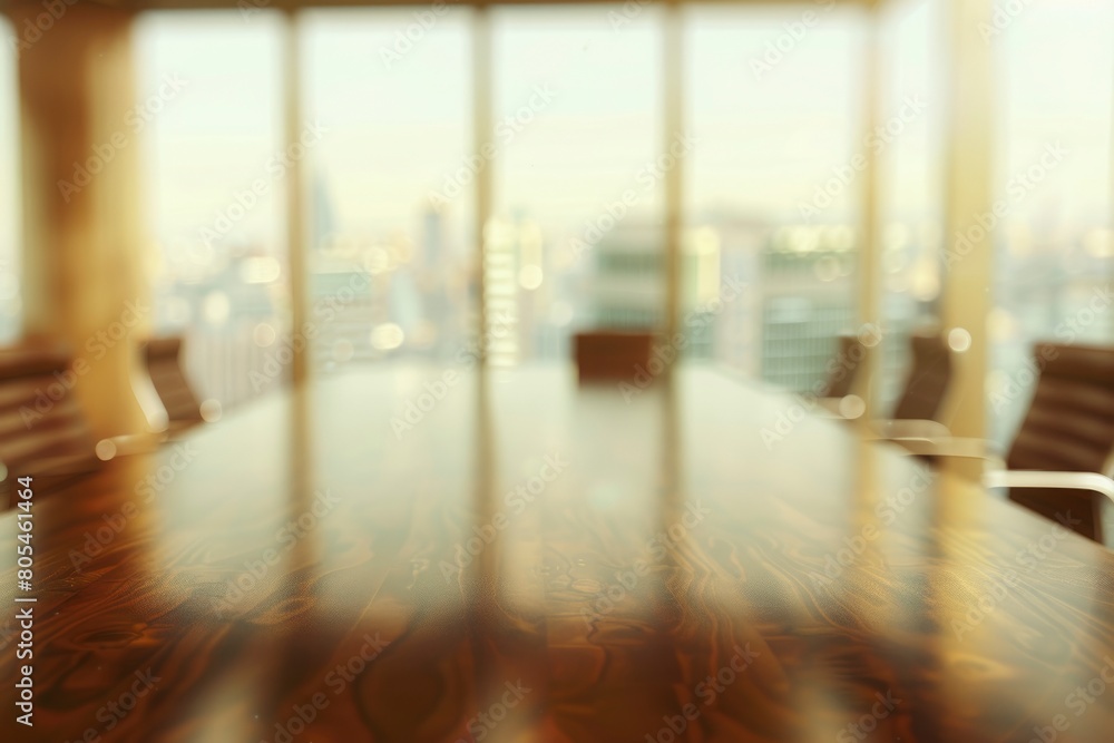 A wooden table with a view of a city skyline. The table is empty and the chairs are not visible A wooden table with a view of a city skyline. The table is empty and the chairs are not visible