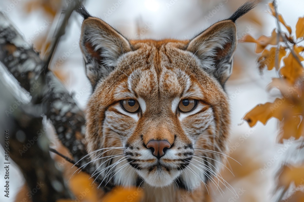 A lynx looks out intently through branches with autumn leaves, representing alertness and the changing seasons