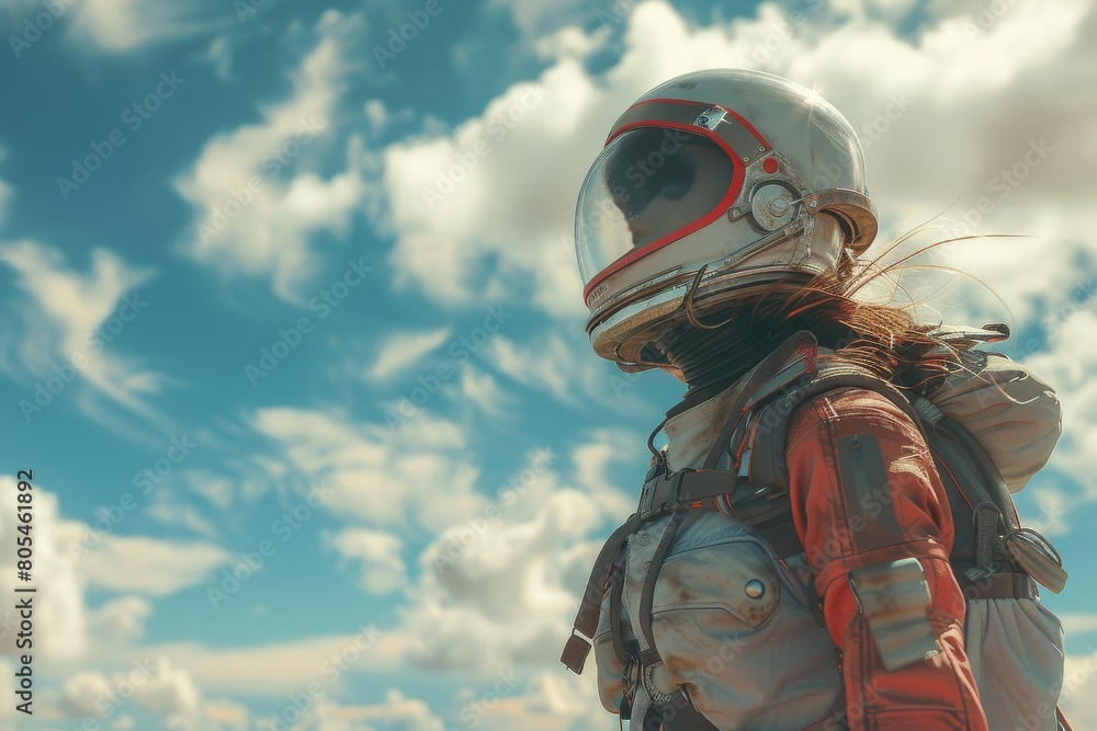 A solitary astronaut in full gear standing firmly against a vividly colored sky, evoking exploration and the vastness of space A solitary astronaut in full gear standing firmly against a vividly colored sky, evoking exploration and the vastness of space