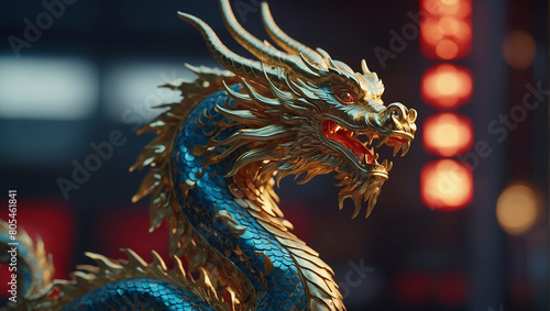 A golden dragon statue with blue accents is sitting with its mouth open