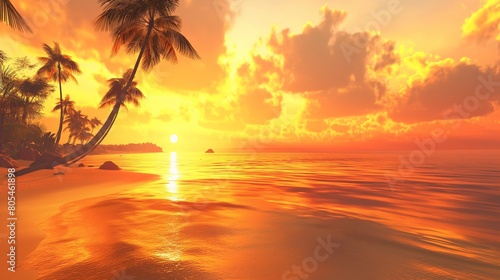  A vibrant sunset casting a warm golden glow over a tranquil beach scene  with palm trees swaying gently in the breeze against the backdrop of a fiery sky 