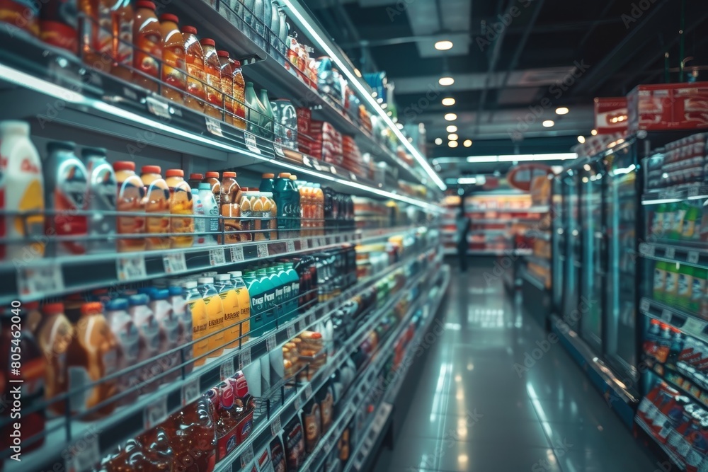 Food products displayed on long shelves in a grocery store Food products displayed on long shelves in a grocery store