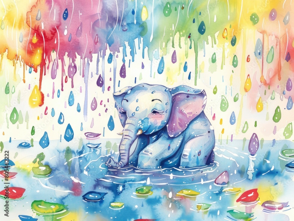 Obraz premium A colorful elephant is sitting in a body of water. The water is splashing and the elephant appears to be enjoying the rain
