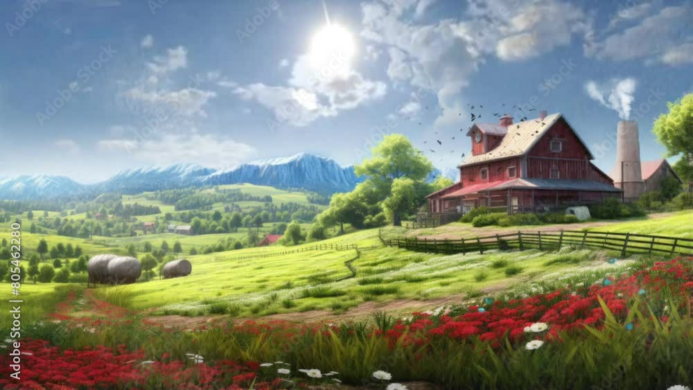 landscape with vineyard and mountains. anime or cartoon style. seamless looping time-lapse virtual video animation background. landscape with vineyard and mountains. anime or cartoon style. seamless looping time-lapse virtual video animation background.