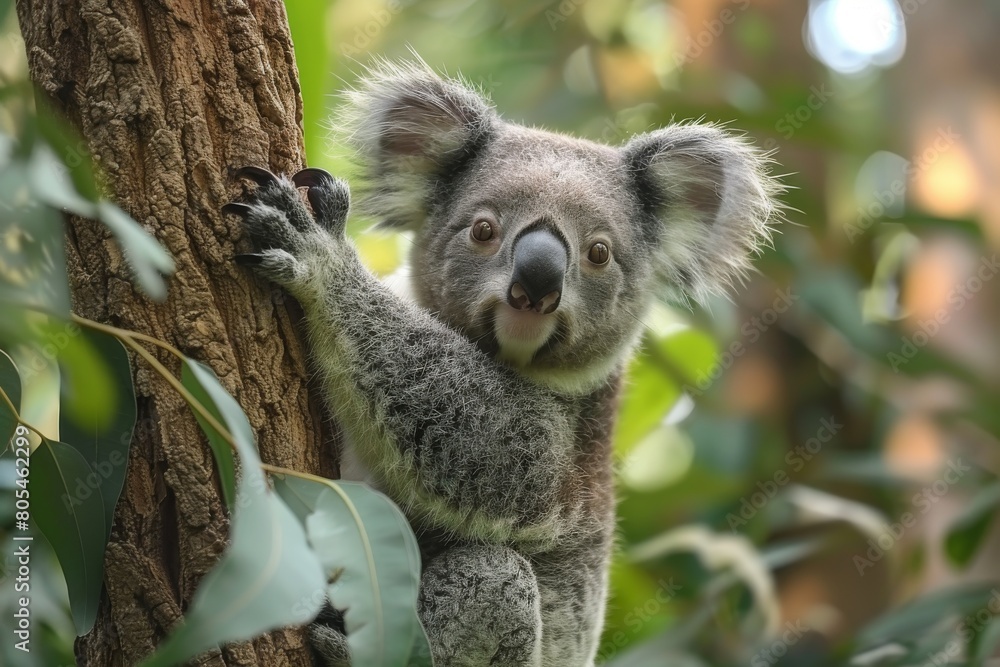 Obraz premium A close-up image capturing a cute koala with fluffy ears holding onto a tree, gazing into the distance with curiosity