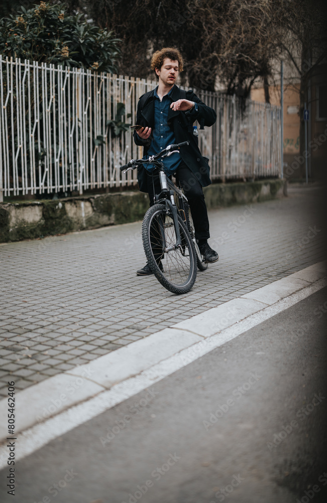 Eco-friendly businessman in formal attire with a bike checking his watch while holding a smart phone in an urban setting.