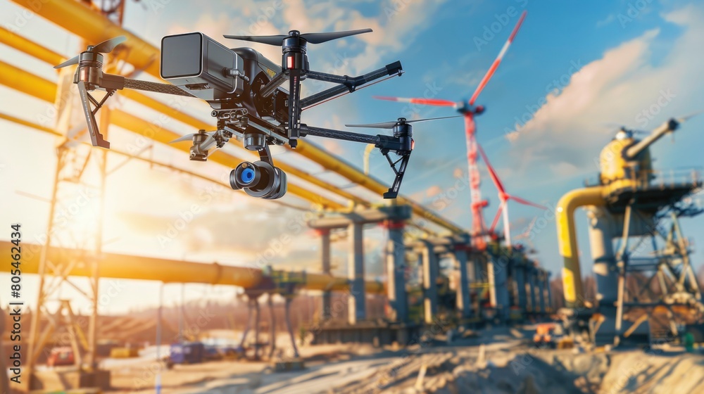 A drone is flying over a construction site. The drone is black and yellow. The sky is blue and the sun is shining
