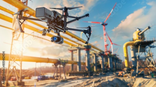A drone is flying over a construction site. The drone is black and yellow. The sky is blue and the sun is shining photo