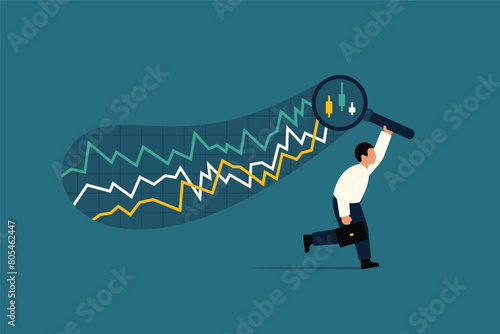 Market Index Analysis, Businessman with Magnifying Glass. Vector Business Illustration photo