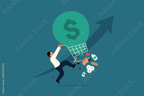 Inflation Impact, Man Pushing Cart with Prices Rising. Vector Business Illustration