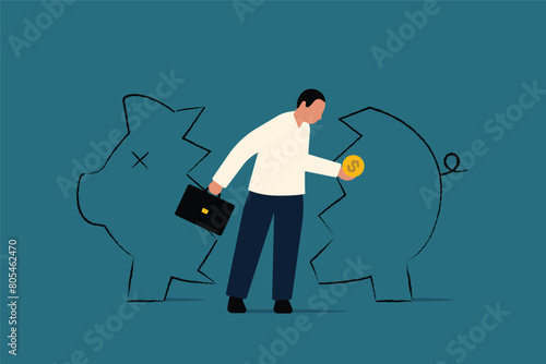 Bankruptcy and Financial Distress, Broken Piggy Bank and Empty Wallet. Vector Business Illustration