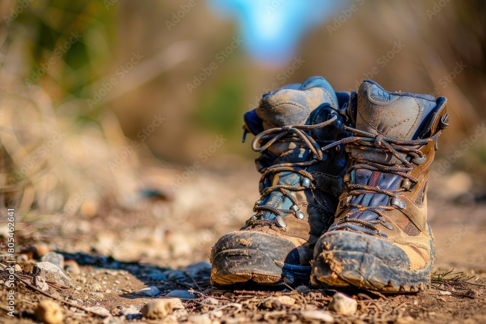 Two dirty hiking boots are on the ground in a field. The boots are worn and dirty, indicating that they have been used for a long time. Concept of adventure and exploration Two dirty hiking boots are on the ground in a field. The boots are worn and dirty, indicating that they have been used for a long time. Concept of adventure and exploration