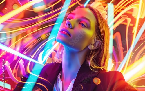 A woman is standing in front of a neon sign with a colorful background. The image has a vibrant and energetic mood  with the neon lights creating a sense of movement and excitement