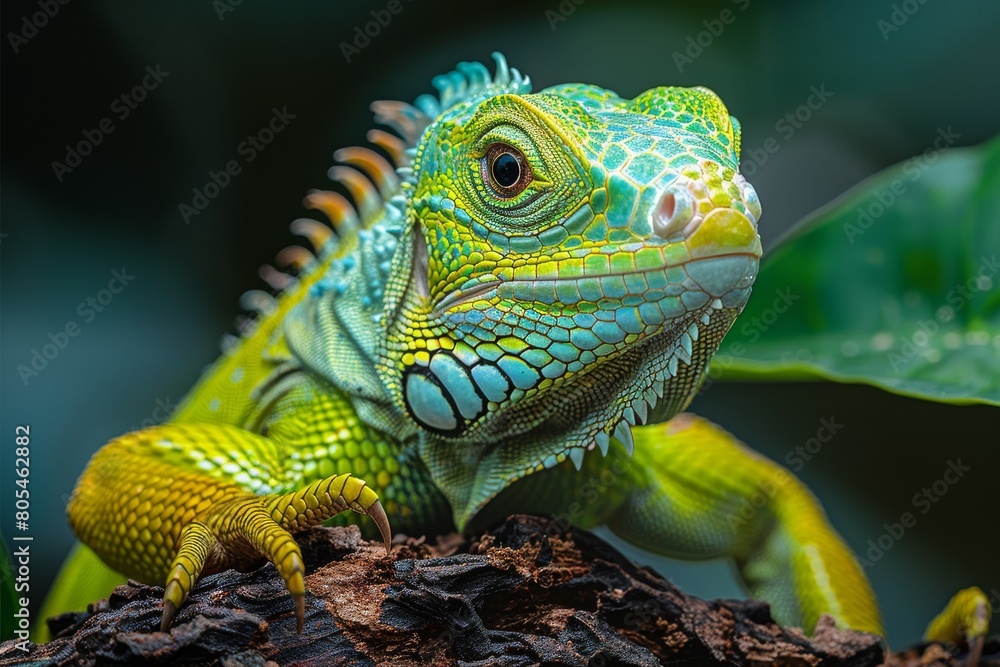 Obraz premium A detailed closeup of a vibrant green iguana with intricate scales and bright yellow markings resting on a wooden branch