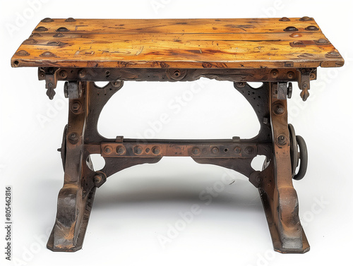 Etabli ou table ancienne en bois et fer forgé, aspect rustique et industriel sur fond blanc photo