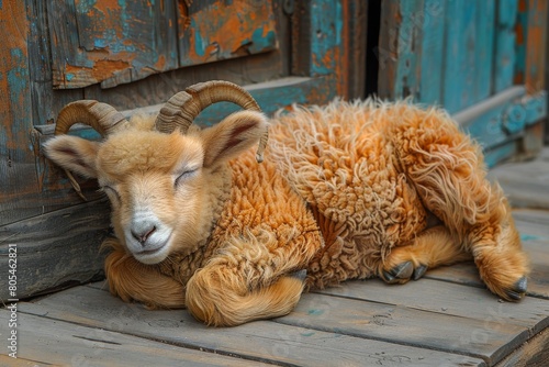 A peaceful image of a young sleepy Aries lamb curled up on a rustic wooden surface, with a warm tone