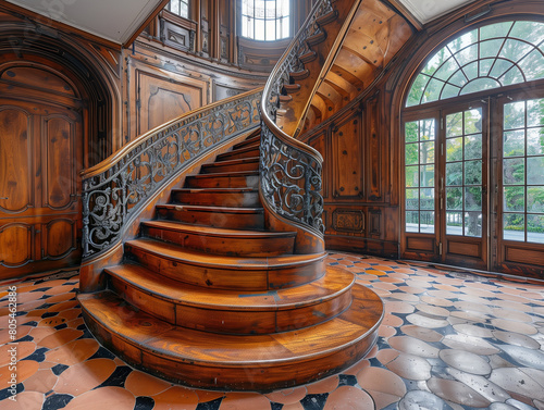 Escalier ancien en bois avec une rampe élégante en fer forgé, intérieur chic et élégant d'un manoir antique photo