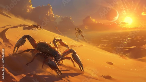 Traverse the desert dunes to encounter scorpions with tails adorned in delicate, gossamer spiderwebs, their stingers gleaming like precious jewels in the sunlight. photo