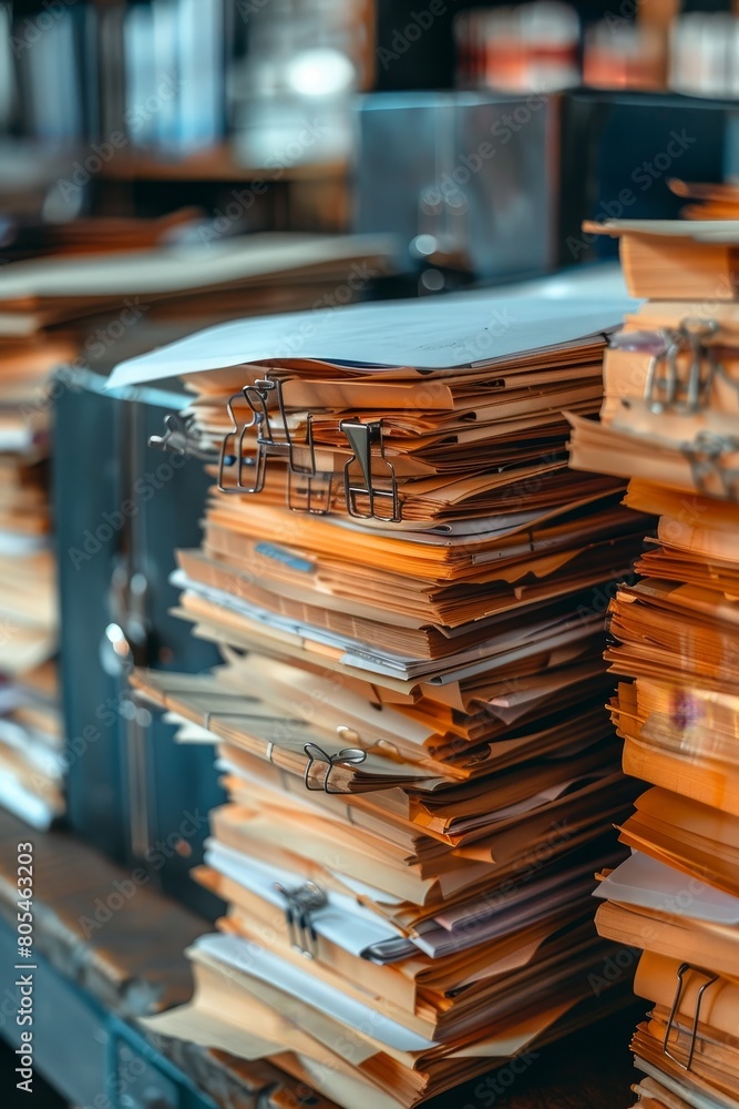 Piles of unfinished documents archives with clips Piles of unfinished documents archives with clips