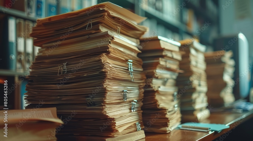 Obraz premium Piles of unfinished documents archives with clips 