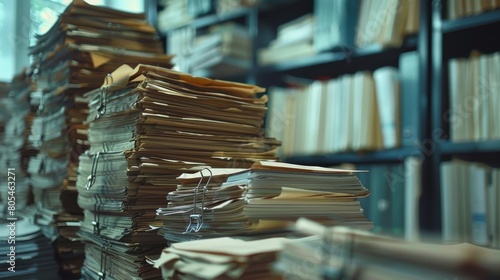 Piles of unfinished documents archives with clips 