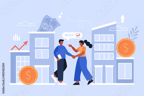 Merger and acquisition business concept. Modern vector illustration of people shaking hands and selling company