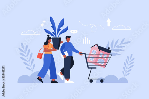Real estate investment business concept. Modern vector illustration of people buying house and investing in housing market