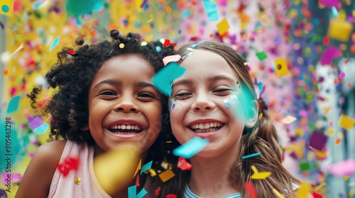 Young girls standing together  surrounded by confetti