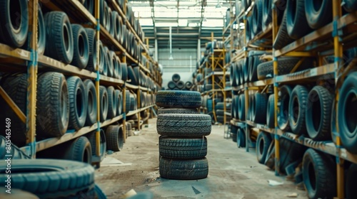 Tire Industry : Piles of car tires in factory storage area