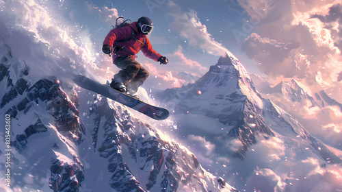 A breathtaking digital illustration showcasing a snowboarder skillfully descending a snowy mountain with a vivid, picturesque sunset backdrop photo