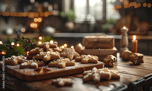 Warm festive kitchen with gingerbread cookies and Christmas decor. Generate AI