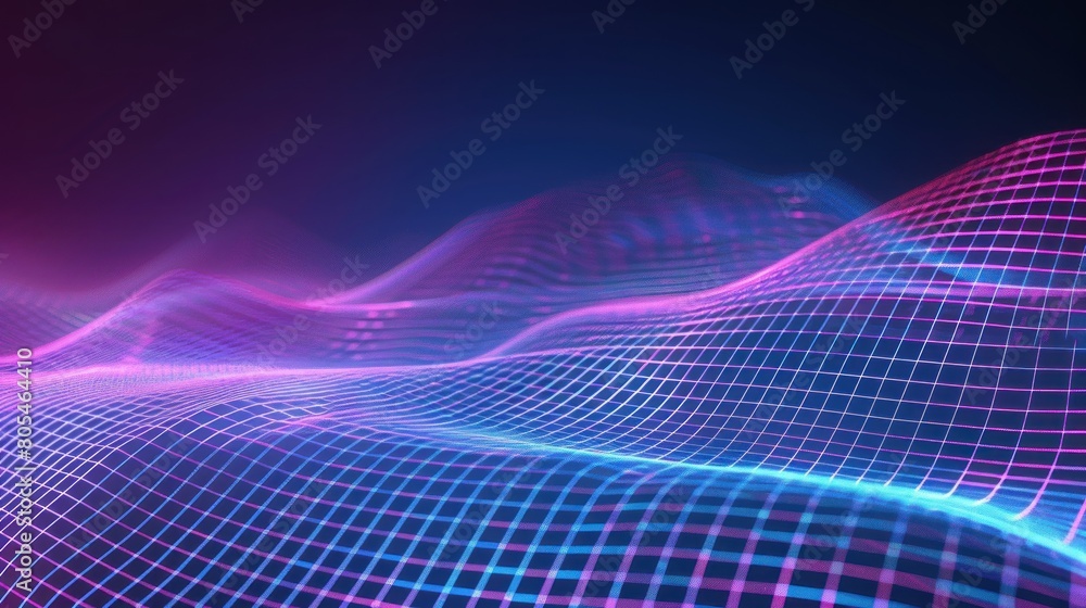Abstract grid background with neon glowing lines and waves in blue purple pink collors. Digital landscape, 3d rendering illustration of wireframe mesh. Abstract grid background with neon glowing lines and waves in blue purple pink collors. Digital landscape, 3d rendering illustration of wireframe mesh.