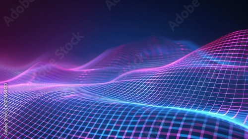 Abstract grid background with neon glowing lines and waves in blue purple pink collors. Digital landscape, 3d rendering illustration of wireframe mesh. photo