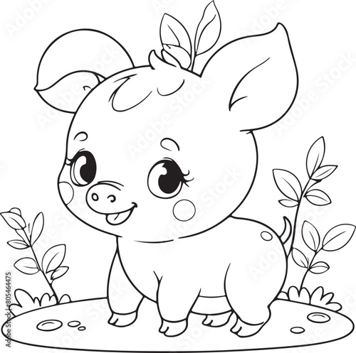 cute kawaii piglet outline art illustration coloring page for kids, hand drawn illustration, black and white illustration for coloring book - Generative AI
