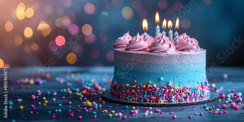 A homemade birthday cake adorned with colorful frosting, festive sprinkles, and lit candles awaits the celebration.