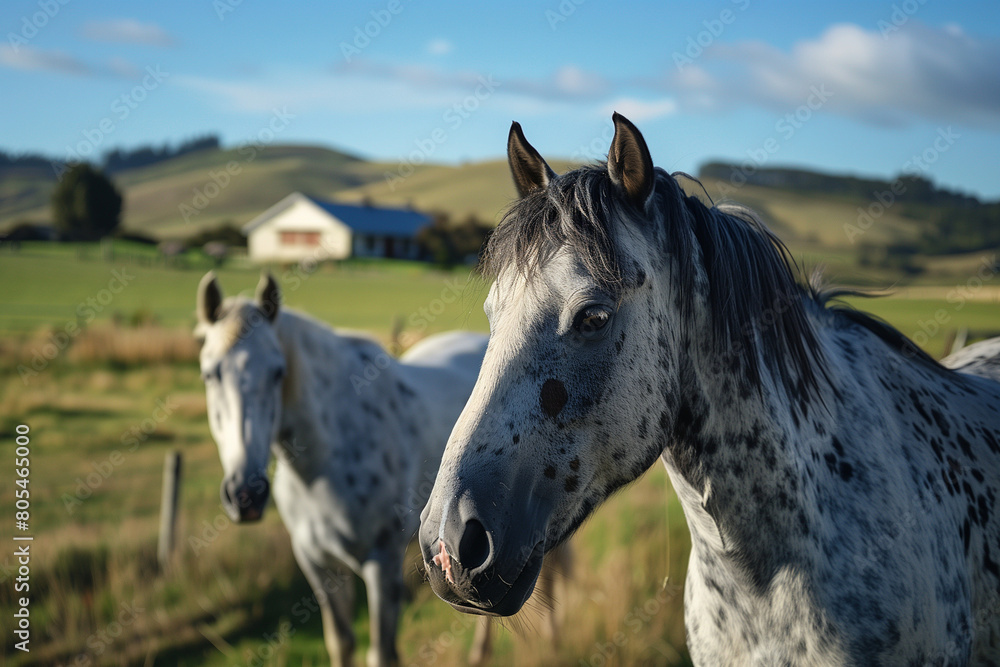 Fototapeta premium Two beautiful grey spotted horses with black spots, standing on open field farm landscape with hills in New Zealand. A farmhouse is visible behind them with a blue sky.