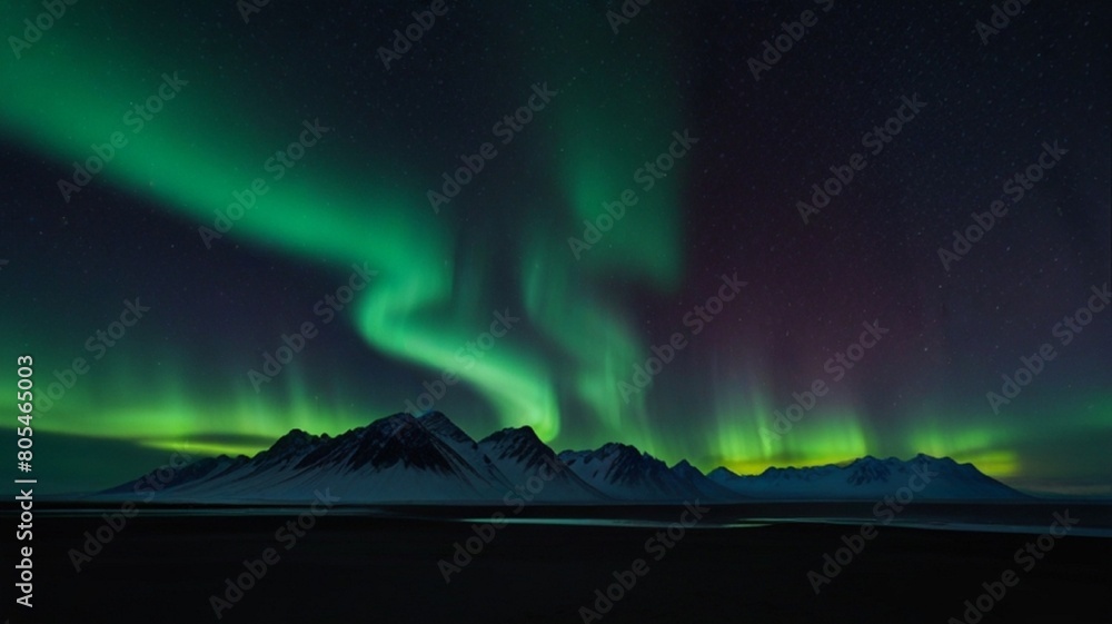 The aurora borealis dances above the clouds, painting the night sky with vibrant hues of green, purple, and pink. 