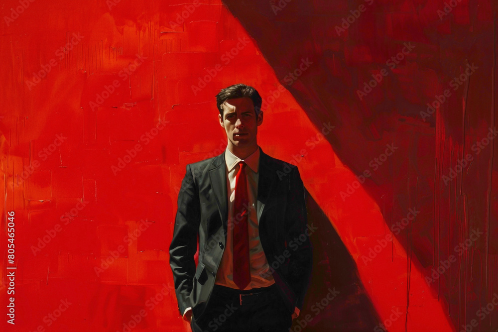 A captivating image capturing the essence of charm and allure, as a young man stands confidently in his business suit agnst a vibrant red canvas, exuding timeless style.