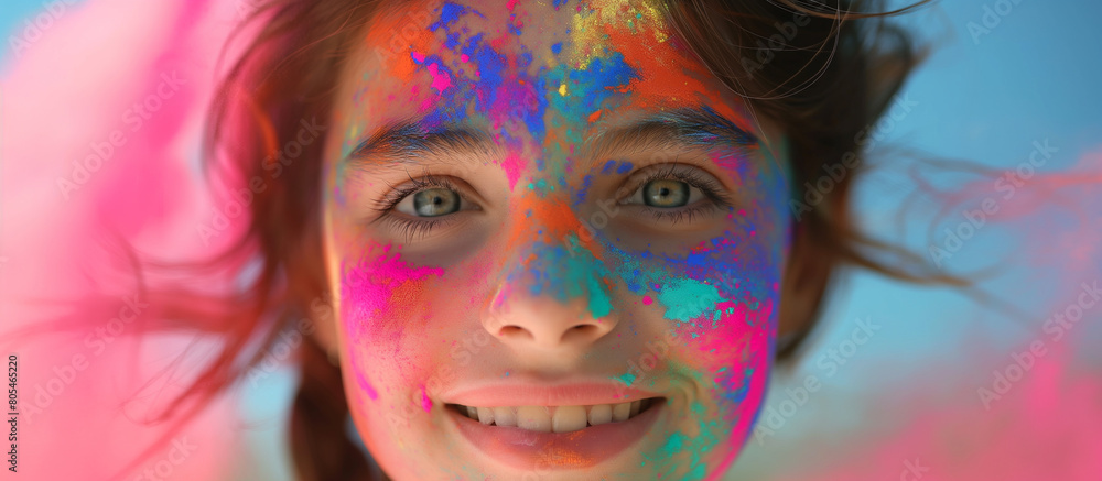 Happy smiling young girl celebrating holi festival, joyous festival, colorful face, vibrant powder paint explosion.
