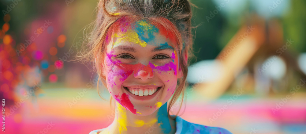 Happy smiling young girl celebrating holi festival, joyous festival, colorful face, vibrant powder paint explosion.
Happy smiling young girl celebrating holi festival, joyous festival, colorful face, vibrant powder paint explosion.