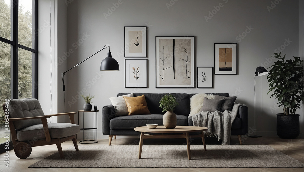 Fototapeta premium A living room with a blue couch, two wicker chairs, a coffee table, 