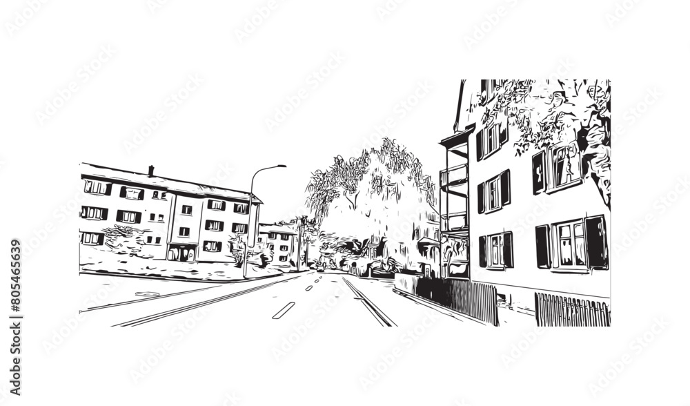 Print Building view with landmark of St. Gallen is the
city in Switzerland. Hand drawn sketch illustration in vector.