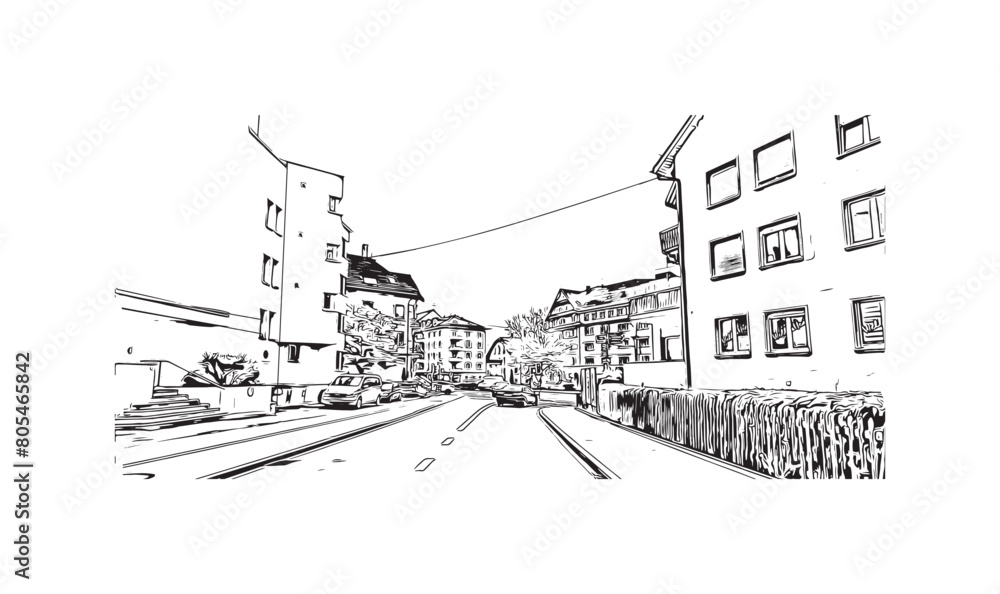 Print Building view with landmark of St. Gallen is the
city in Switzerland. Hand drawn sketch illustration in vector.