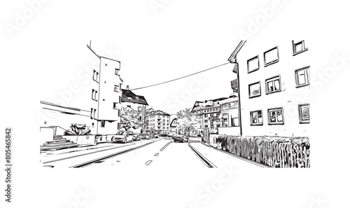Print Building view with landmark of St. Gallen is the
city in Switzerland. Hand drawn sketch illustration in vector.
