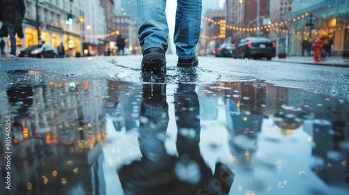 Pedestrian legs walking through puddles on a rainy day.