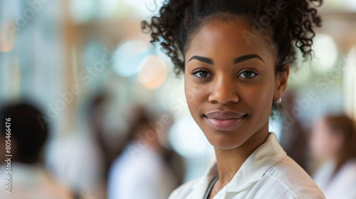 Doctor African American woman in white coat in hospital surrounded by colleagues.