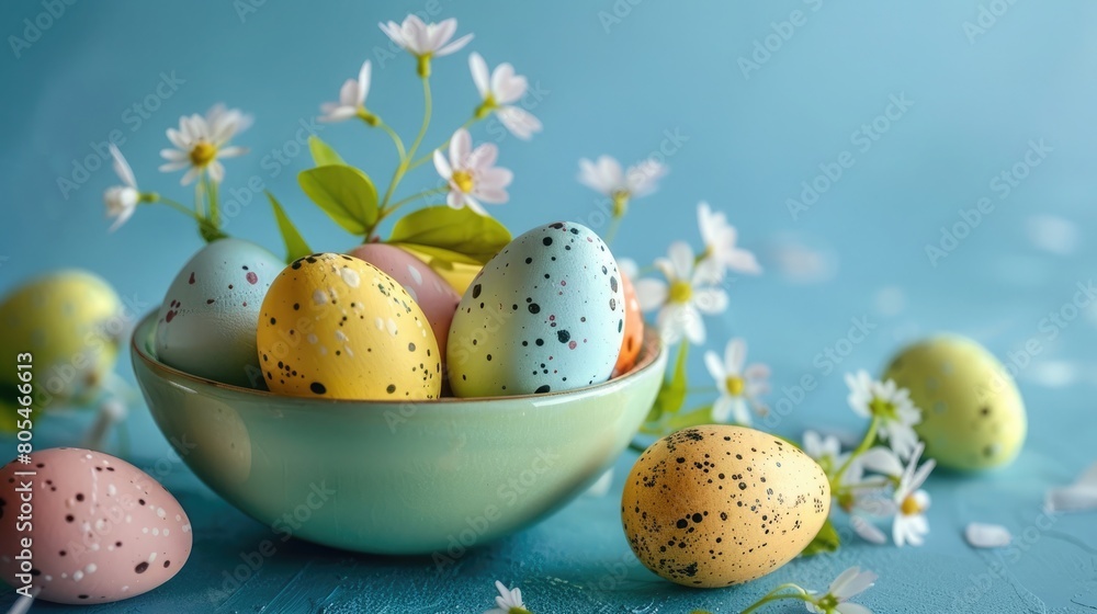 Decorated Easter eggs in a bowl with flowers against a blue background