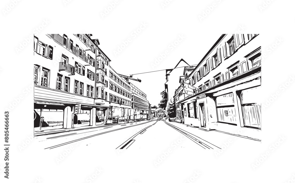 Print Building view with landmark of St. Gallen is the
city in Switzerland. Hand drawn sketch illustration in vector.